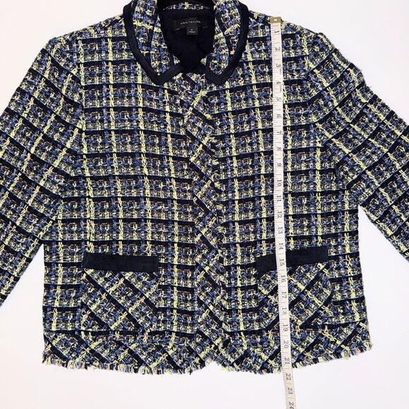 Ann Taylor Tweed Blazer Jacket Blue Green Cream Plaid Zip Front Collared 12 EUC - Picture 11 of 15